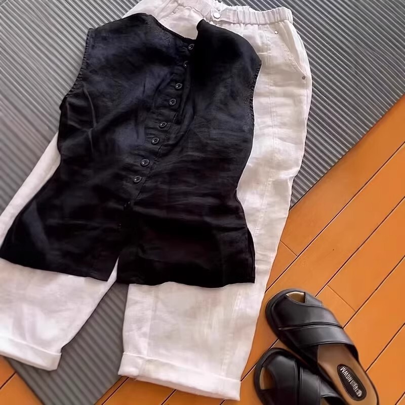 Clearance Flash Sale~ European-Style Black Linen Sleeveless Vest Shirt for Women, Summer Round-Neck Buttoned Loose Outerwear Top Clearance Flash Sale~ European-Style Black Linen Sleeveless Vest Shirt for Women, Summer Round-Neck Buttoned Loose Outerwear Top