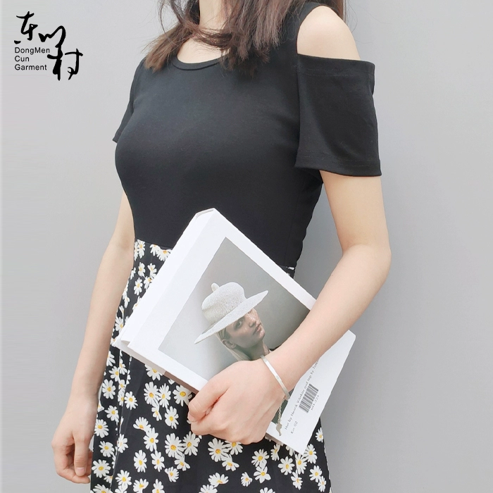 Dongmen Village Women Summer Mới Đen Hàn Quốc Voan nhỏ Daisy Hoa cao Eo ngắn tay áo Váy dài - Váy eo cao