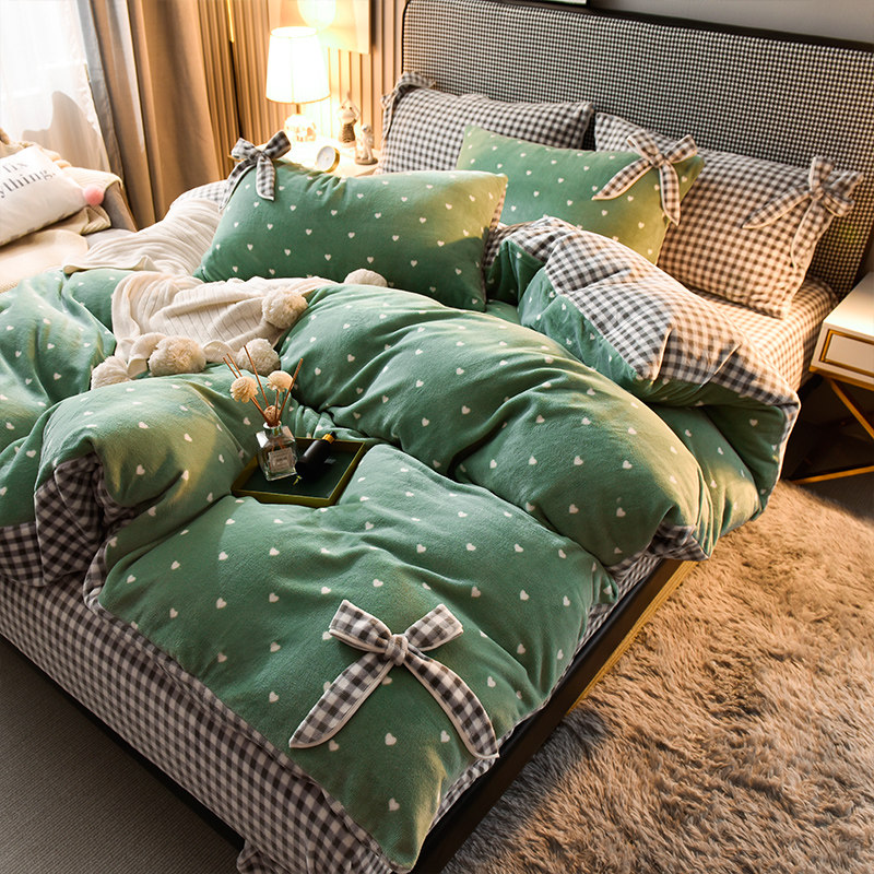 Net red milk velvet four-piece set Fairy Bow love sheets quilt cover autumn and winter thickened warm AB version