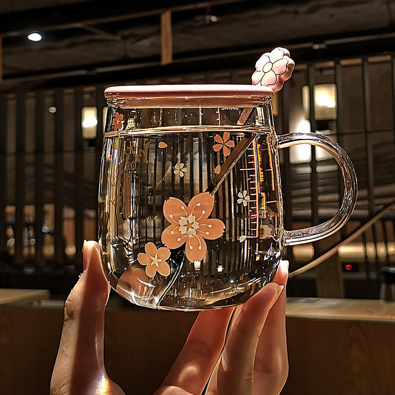 Japanese cherry blossom creative heat-resistant glass water cup with scale mug with lid spoon office girl flower tea cup