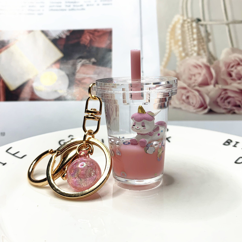 Pink Unicorn Milk Tea Cup + Crystal Balla bag unicorn Milk tea cup Pendant Key buckle female delicate ins lovely Internet celebrity originality girl Bag Hanging decoration