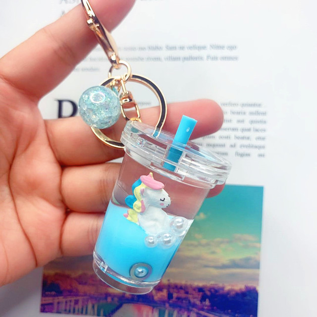 Blue Unicorn Milk Tea Cup + Crystal Balla bag unicorn Milk tea cup Pendant Key buckle female delicate ins lovely Internet celebrity originality girl Bag Hanging decoration
