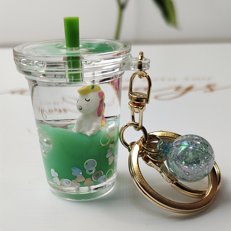 Green Unicorn Milk Tea Cup + Crystal Balla bag unicorn Milk tea cup Pendant Key buckle female delicate ins lovely Internet celebrity originality girl Bag Hanging decoration