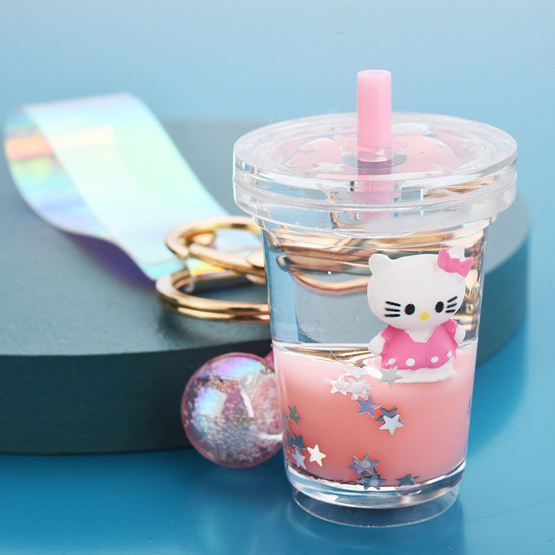 Pink KT Cat Milk Tea Cupa bag unicorn Milk tea cup Pendant Key buckle female delicate ins lovely Internet celebrity originality girl Bag Hanging decoration