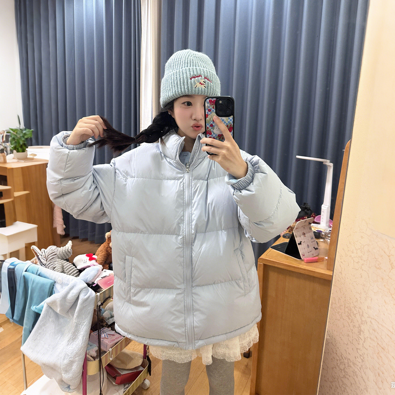 Light Blue Thickened Stand-Collar down Cotton Jacket for Women, 2025 New Winter Style, Petite Puffer Coat, Cotton-Padded Outerwear