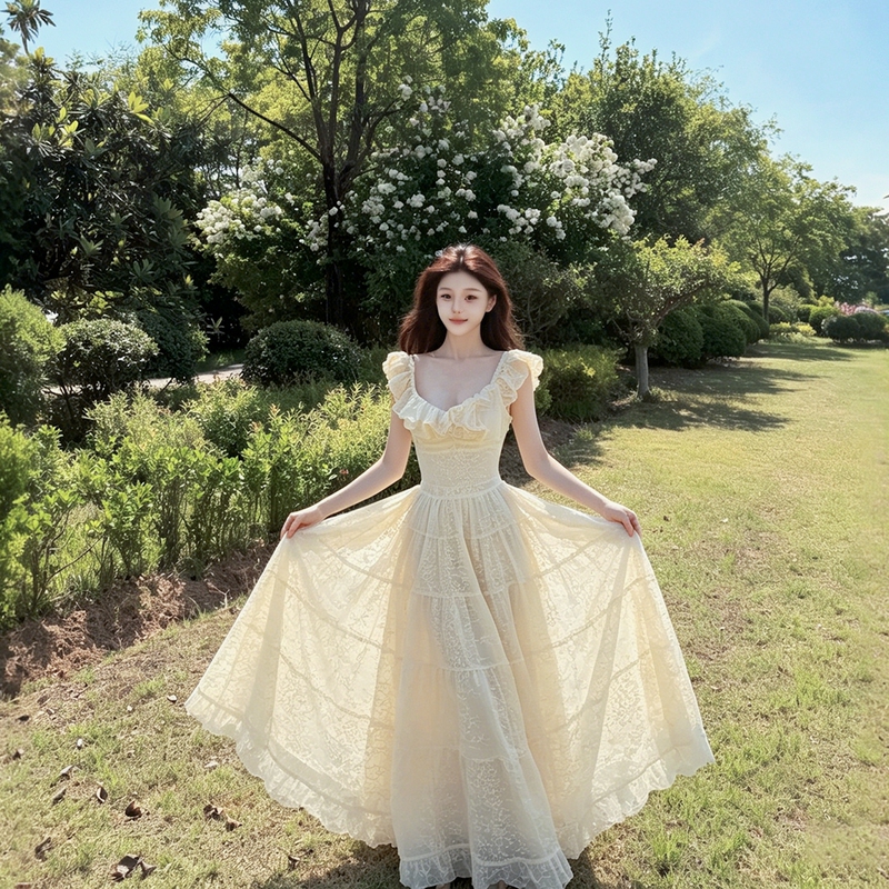 Large U-Neck Flutter Sleeve Slip Dress for Women, Summer Waist-Cinching Backless Tie Fairy Long Dress, Elegant Ruffled Flared Skirt