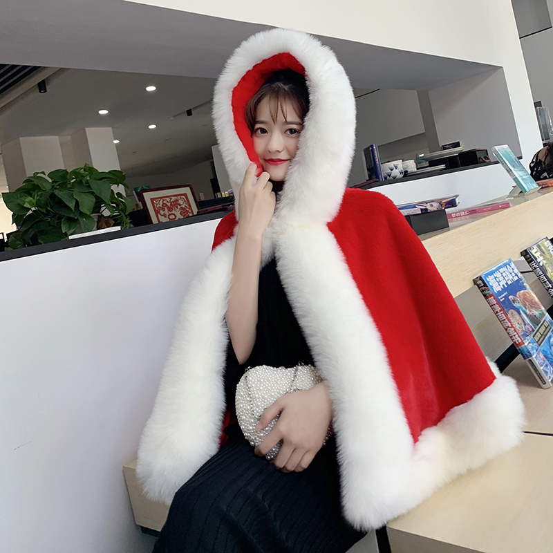 Wedding shawl women's autumn and winter imitation fox fur collar red cape cloak coat for wedding outside with fur coat thickening