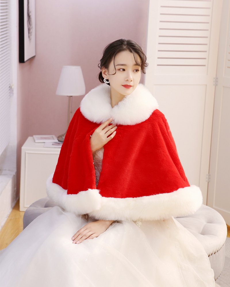 Wedding dress Cape Hood Winter New Red Cloak Cape Small Coat Bridal Toast With a Leather Grass Wedding Dress Thickening