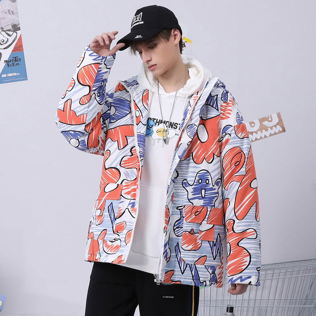 bt trendy branding colorful hand-painted graffiti letters printed hooded couple hip-hop trend winter jacket new cotton jacket for men
