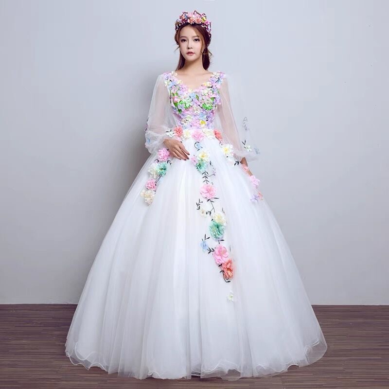Performance Costume, Tutu Skirt, White Flower Fairy Art Exam Dress, Colorful Gauze Wedding Dress, Themed Stage Solo Performance Costume, Long Style