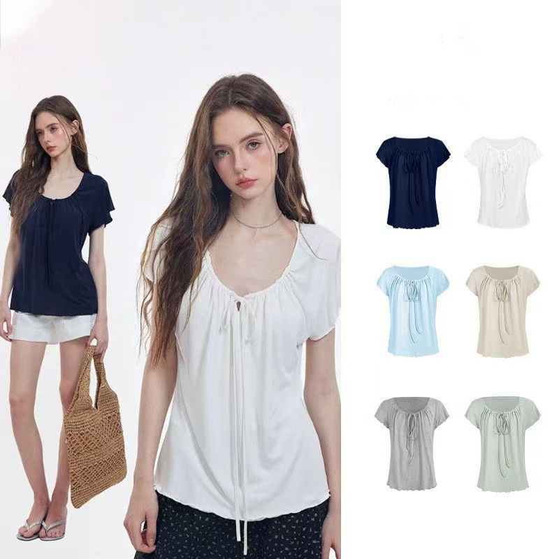 Bow-Tie Drawstring Short-Sleeved T-Shirt for Women, New Summer Style, Gentle and Relaxed, Slimming, Korean Style, Waist-Cinching Pleated Top Bow-Tie Drawstring Short-Sleeved T-Shirt for Women, New Summer Style, Gentle and Relaxed, Slimming, Korean Style, Waist-Cinching Pleated Top
