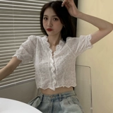 Шифоновый кружевной летний сексуальный кардиган, короткая футболка, короткий рукав, коллекция 2021, облегающий крой, V-образный вырез