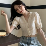 Шифоновый кружевной летний сексуальный кардиган, короткая футболка, короткий рукав, коллекция 2021, облегающий крой, V-образный вырез