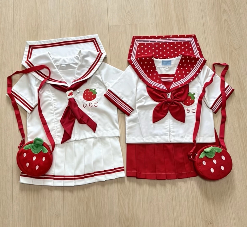 Steam Girl Original Jk Uniform Strawberry Print Polka Dot Japanese School Style Short Sleeve Long Sleeve Sailor Suit Set