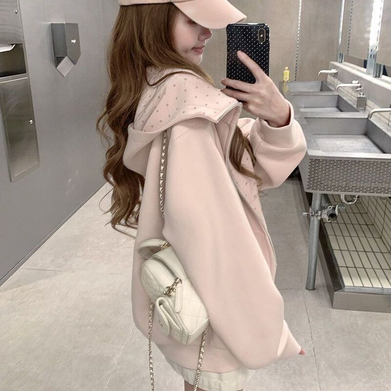 Korean-Style Polka-Dot Pink Hooded Sweatshirt for Women, Autumn 2026 New Sweet and Lazy Style Loose Zipper Cardigan Jacket Korean-Style Polka-Dot Pink Hooded Sweatshirt for Women, Autumn 2026 New Sweet and Lazy Style Loose Zipper Cardigan Jacket