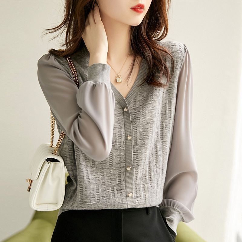 Xiaoxiangfeng, шифоновый пуловер с V-образным вырезом, свитер, новинка весны и лета 2025, полый темпераментный топ для похудения с длинными рукавами