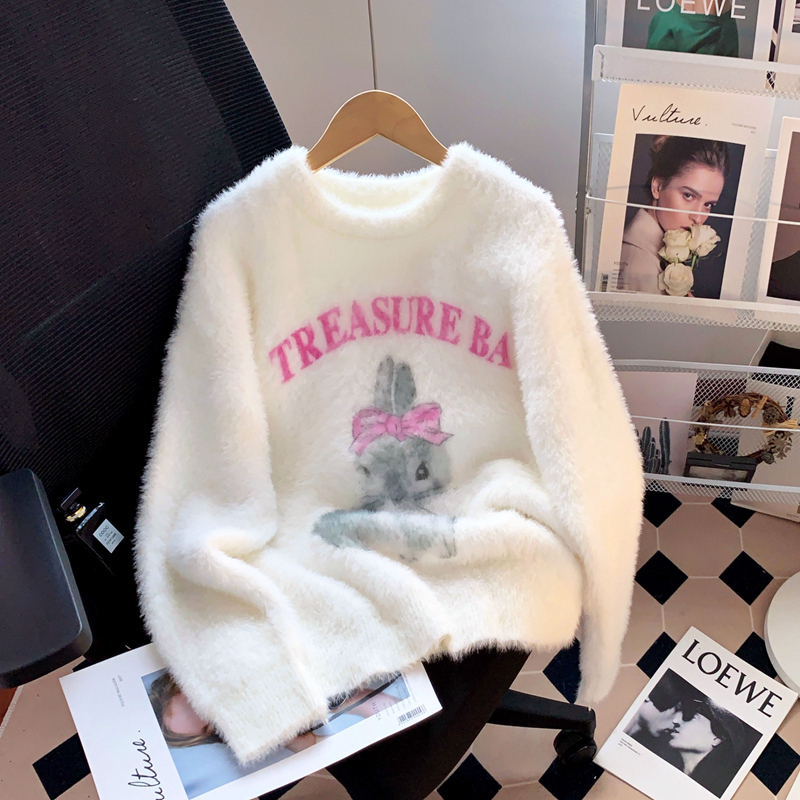 Fufu White Mink Velvet Sweater for Women, Autumn and Winter, Soft and Fluffy, Loose and Cute, Rabbit Pullover, Lazy Style, Sweet Top