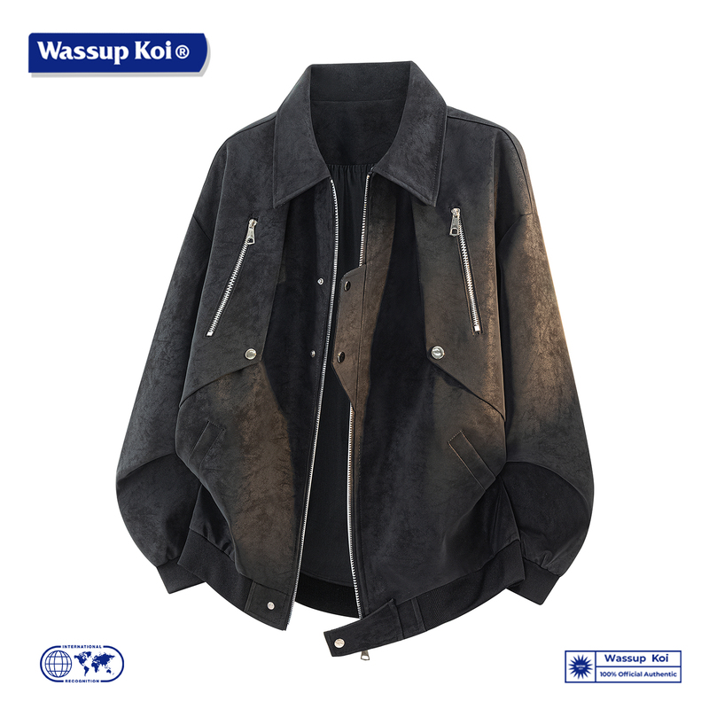 Wassup Koi Retro Workwear Jacket Men's Autum Loose Lapel Zipper Jacket High Street Style Casual Style Men's Clothing