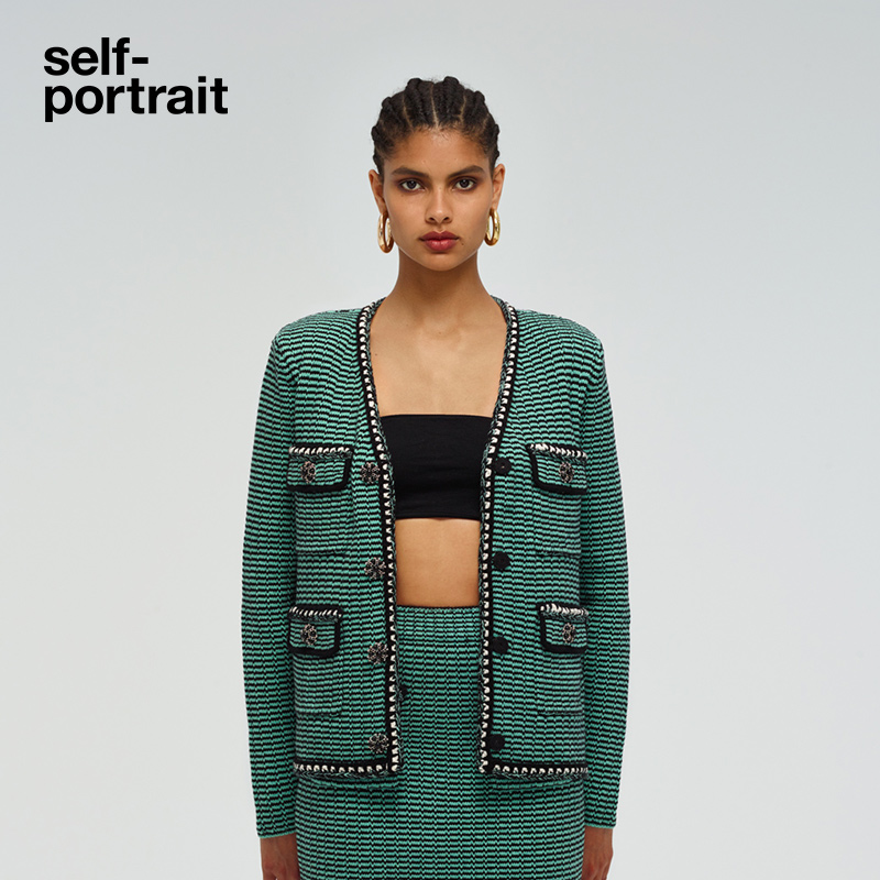 self-portrait 2022 early spring green striped mixed V-neck knitted cardigan