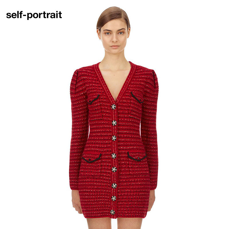 self-portrait Autumn/Winter Red New Year Slim Knit Dress Sweater Dress