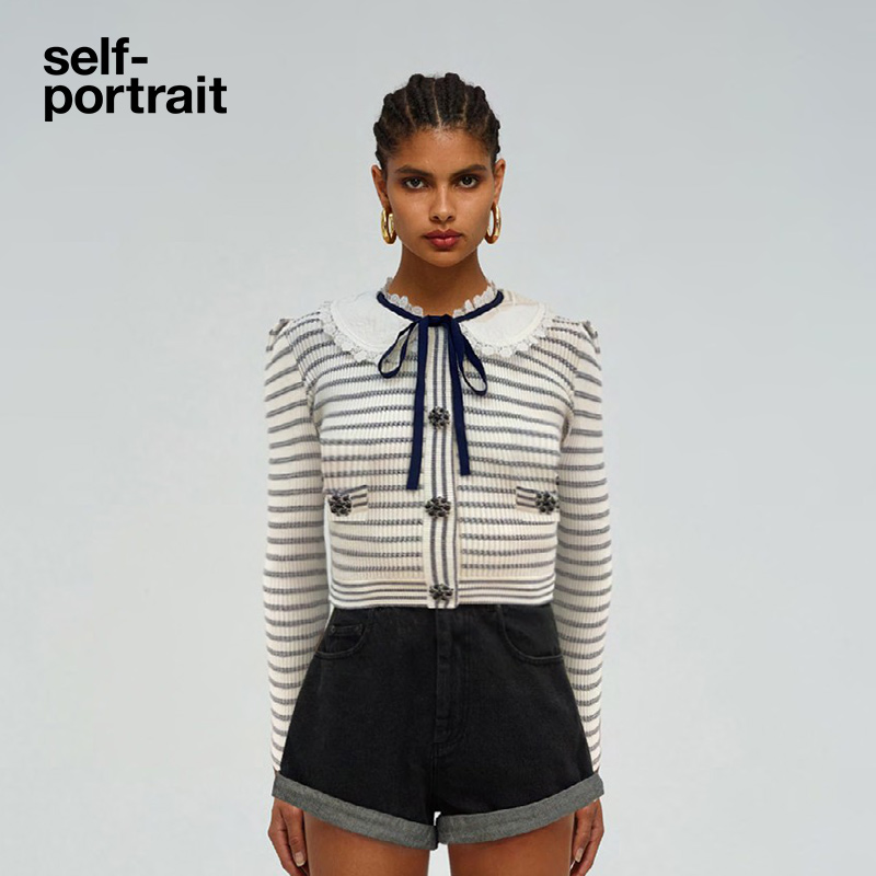 self-portrait white striped bow-tie doll-neck knitted top
