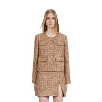 (Same style as Tang Yixin) self-portrait autumn and winter camel gold small fragrance style daughter round neck jacket