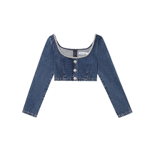 self-portrait 2023 autumn and winter denim blue pearl diamond button sweet U-neck long-sleeved short top