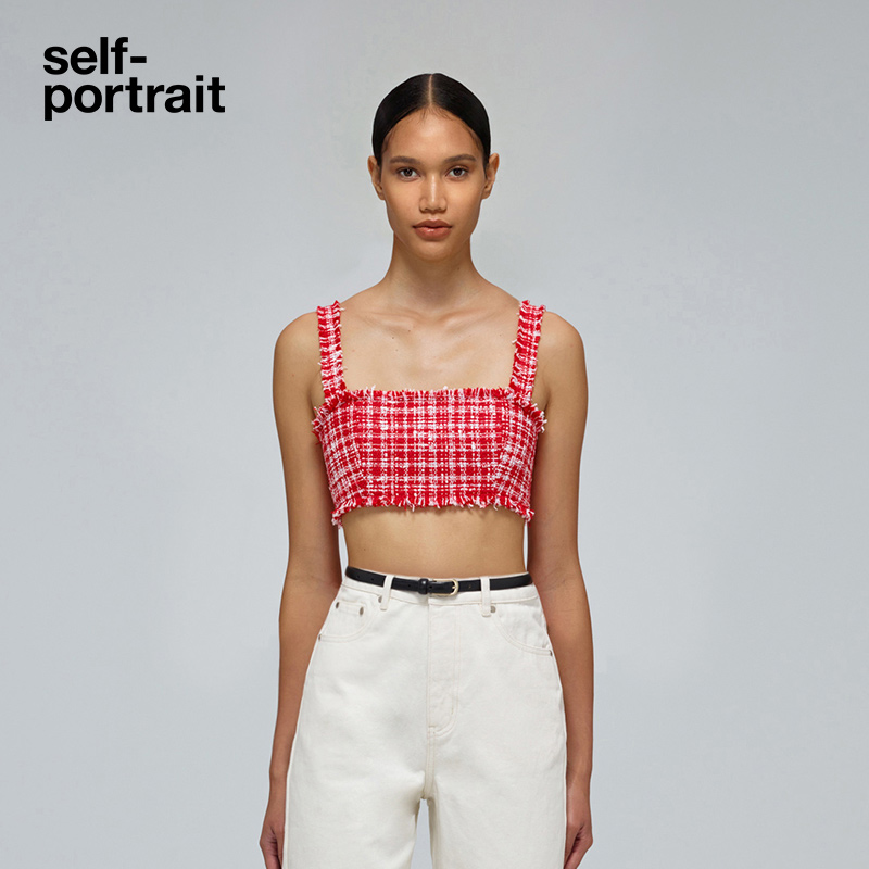 self-portrait 2022 spring and summer red and pink plaid fashion senior vest suspender top