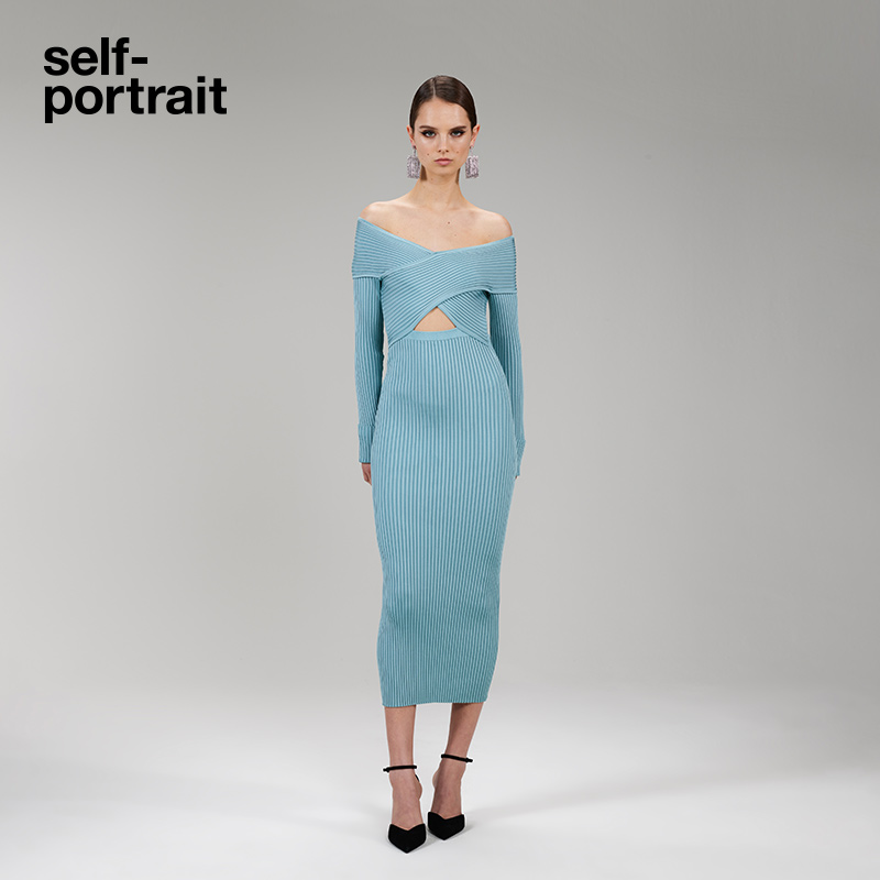 self-portrait 2022 early autumn misty blue one-shoulder slim-fit casual dress dress