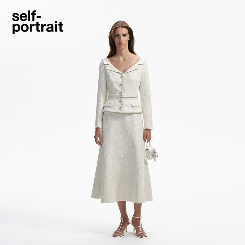 self-portrait 2024 Early spring ivory white monochromatic woven flowers with elegant turn-collar dress-Taobao