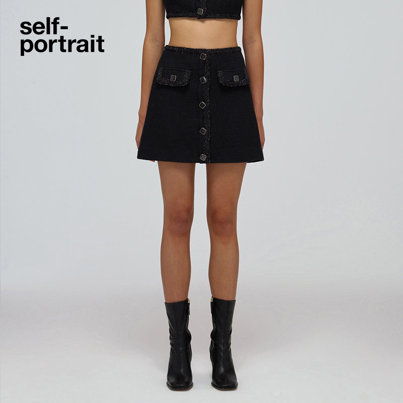 self-portrait 2022 spring and summer classic black all-match high waist denim skirt short skirt