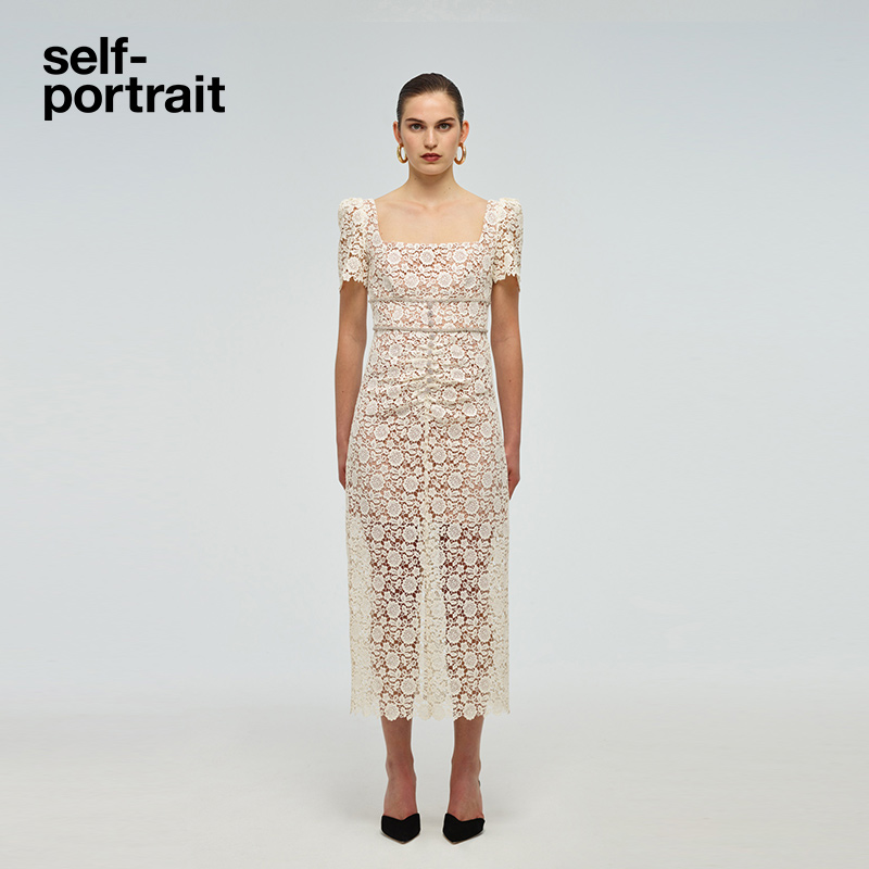 self-portrait 2022 early spring ivory white lace square neck diamond retro dress