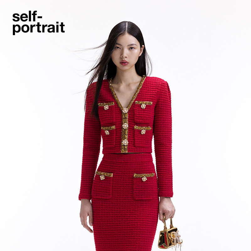 New Year's Eve 𫔭Lucky Red] self-portrait early spring red diamond button gold trim knitted top
