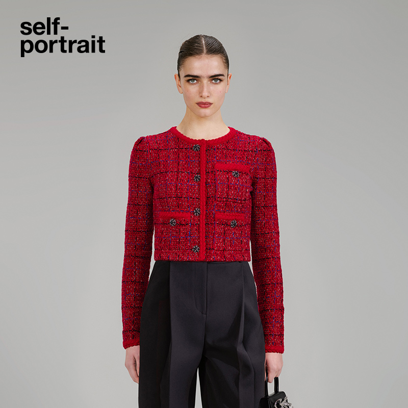 self-portrait 2022 autumn and winter red blended round neck atmosphere knitted cardigan