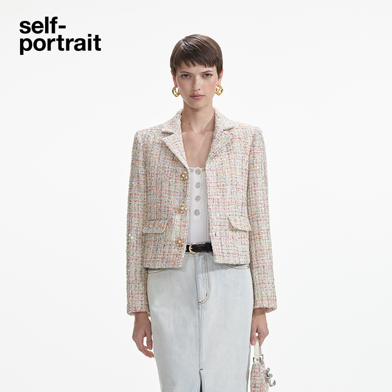 Self-Portrait Autumn and Winter White Mixed Color Woven Tweed Small Chanel-Style Blazer
