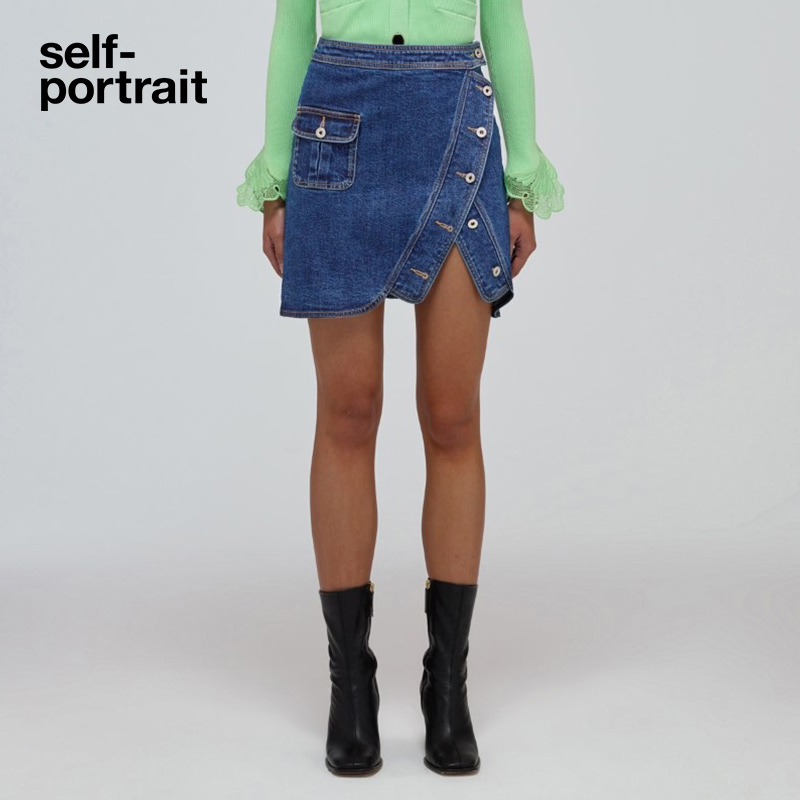 self-portrait 2022 spring and summer denim blue high waist all-match casual skirt short skirt