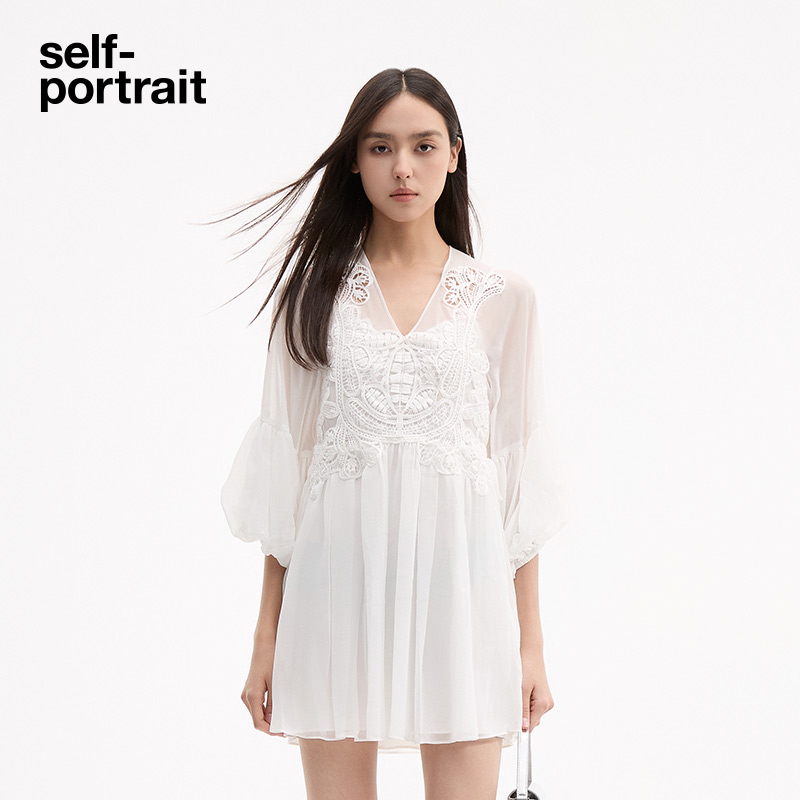 【リラックスホリデー】自画像春夏純白シフォン刺繍スリム妖精ドレス