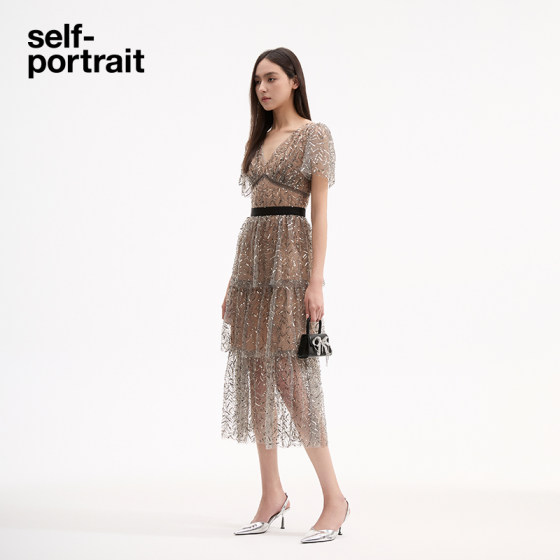 self-portrait 春夏树叶亮片重工钉珠晚宴会轻礼服仙女长裙连衣裙