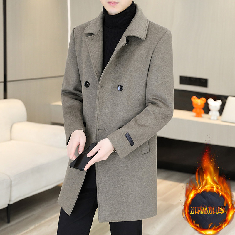 Wool Son Jacket Men Add Cotton Thickening Medium Long double-row buttoned wind clothes autumn and winter men's clothing Casual Gross-Taobao