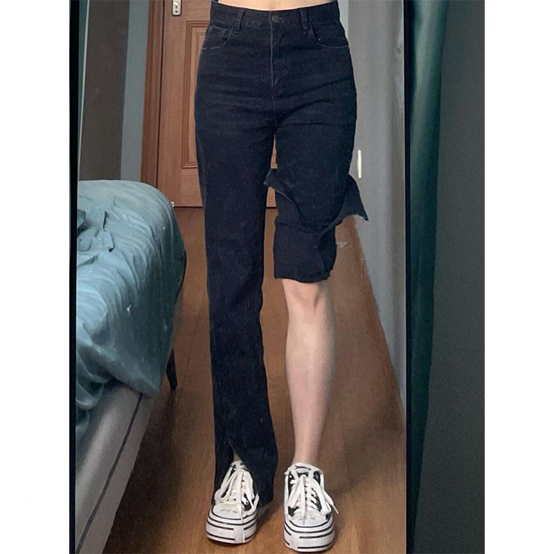 Thin pants pear-shaped figure thick legs wide hips fat large size mm split jeans women's spring black straight flared pants
