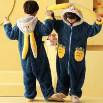 Childrens one-piece pajamas autumn and winter boys and girls coral fleece cartoon thickened flannel high-end boys jumpsuit