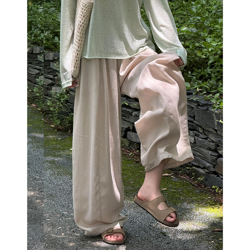 Linen Wide-Leg Pants for Women, Summer Thin High-Waisted, Loose and Drapey, Casual Petite Tencel Straight-Leg Curved Pants
