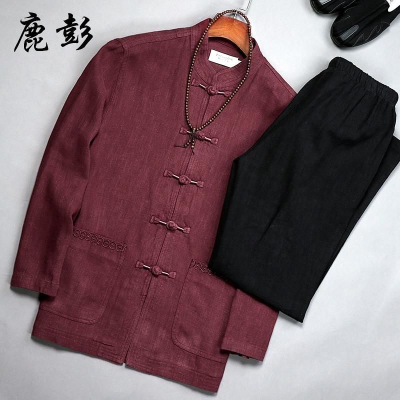 Spring and autumn old man Tang suit men cotton and hemp long-sleeved suit Grandpa summer dress Dad outfit Middle-aged linen grandpa jacket