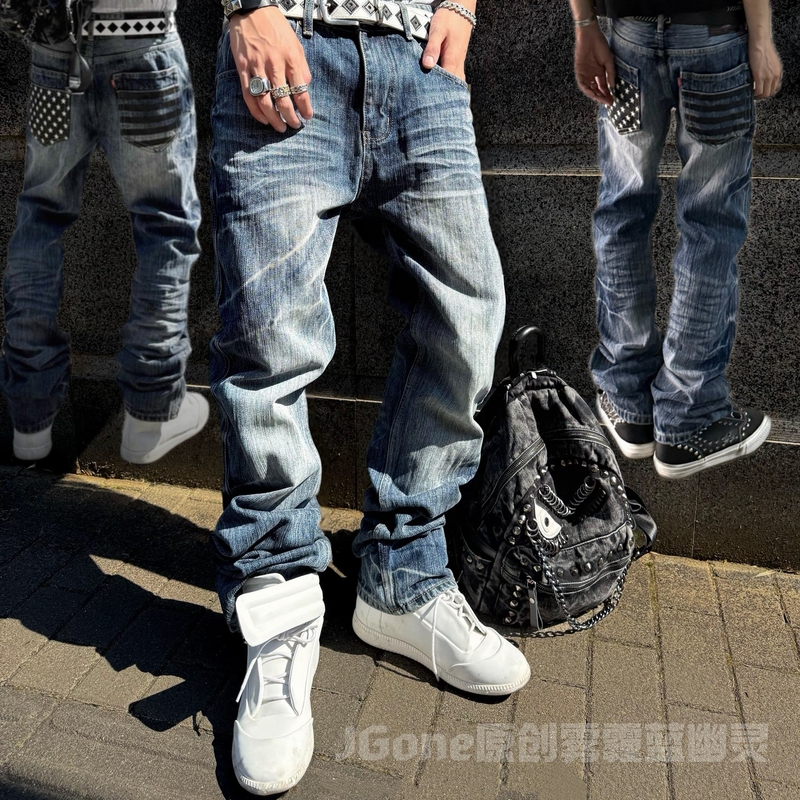 (in Stock) Haze Blue Ghost Straight-Leg Jeans Jgone Original Retro Lightning Pattern Back Pocket Print (in Stock) Haze Blue Ghost Straight-Leg Jeans Jgone Original Retro Lightning Pattern Back Pocket Print