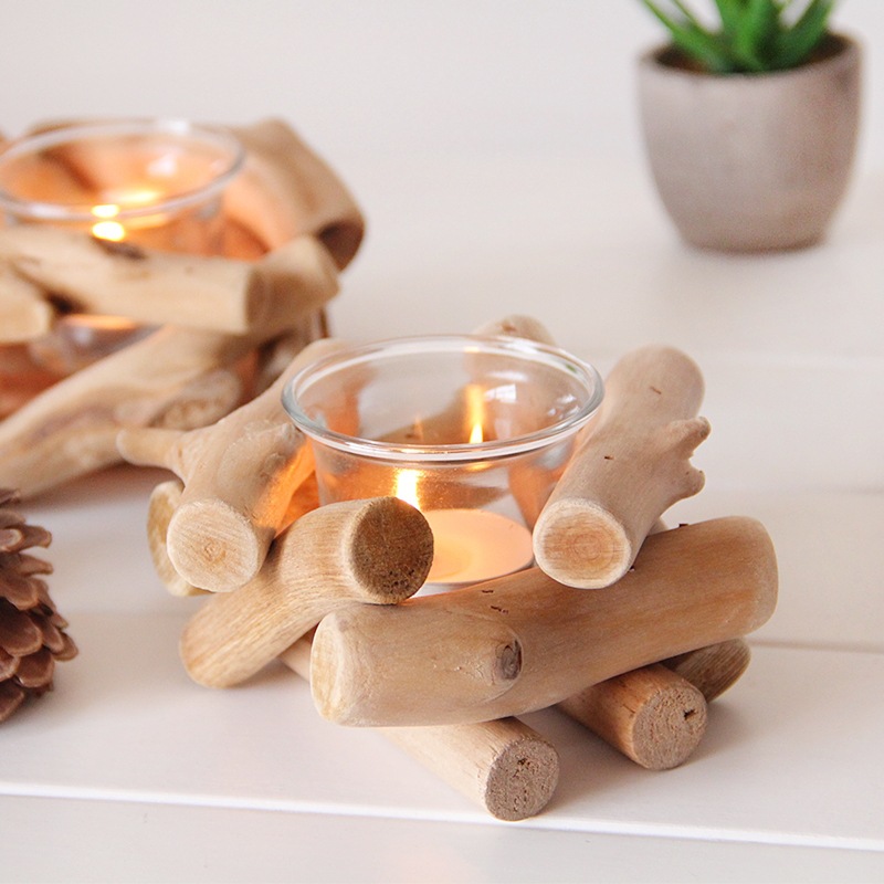 ins wind wooden candlestick ornaments Driftwood vintage glass candlestick desktop ornaments Coffee shop decoration props