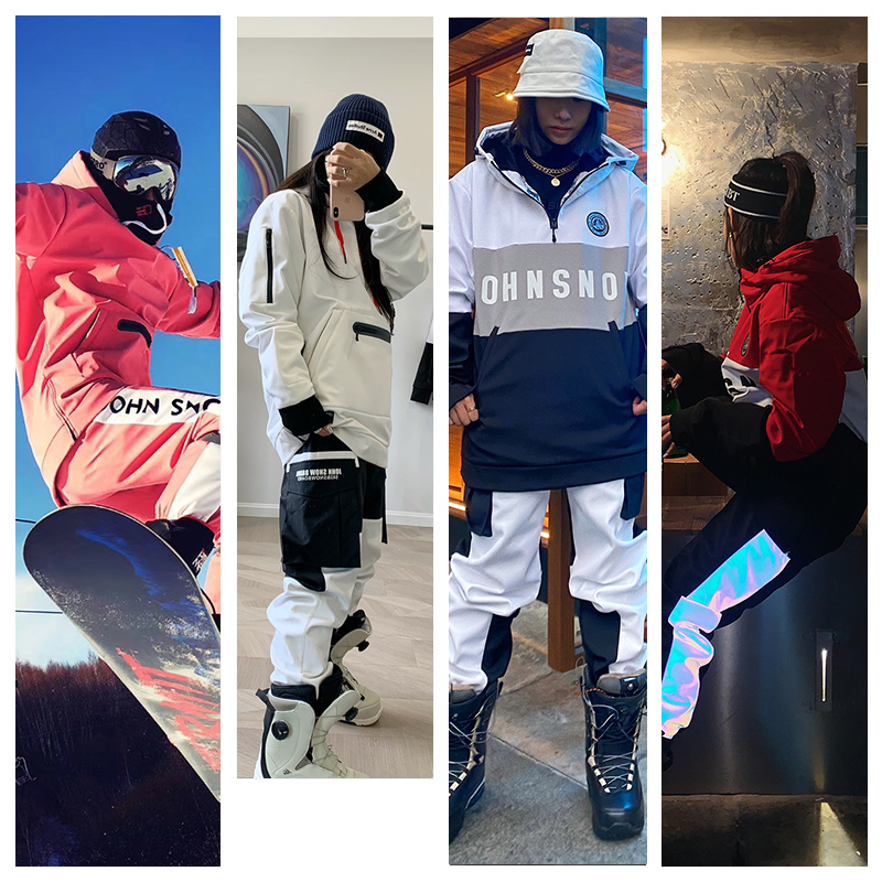 John Snow mid-length soft shell male and female veneer double board ski suit headgear hooded waterproof warm and breathable