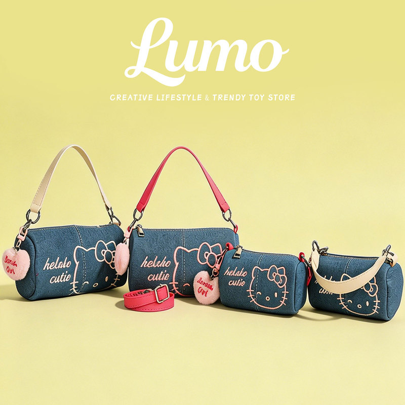 New Hello Kitty Bag for Women 2026 New Model Denim Handbag Cylindrical Bag Single Shoulder Crossbody Bag