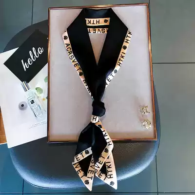 European and American solid color letters slender temperament small scarf long silk scarf female wild double-sided streamers spring and autumn accessories