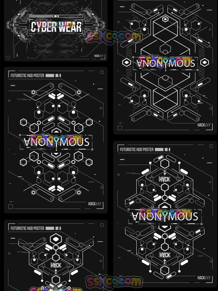 潮流赛博朋克未来派HUD科幻科技几何线条海报背景矢量图设计素材插图4