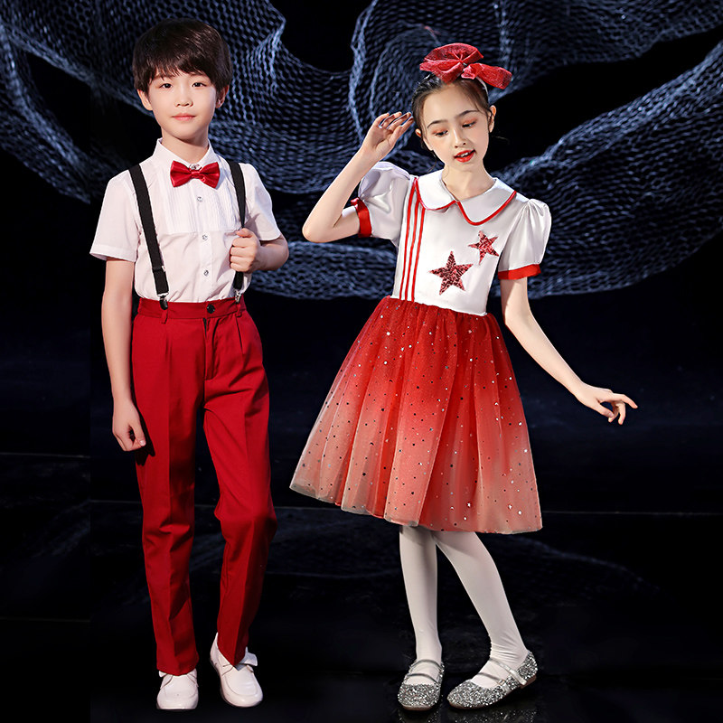 National Day children's chorus performance clothing boys and girls dress primary and secondary school students big chorus red song recitation performance clothing